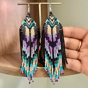 Handcrafted Beaded Earrings - Black, Purple, Blue